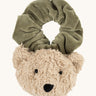 Wooly Organic velour scrunchy in olive green with a cute fluffy teddy attached in a cream colour available at Babipur. 