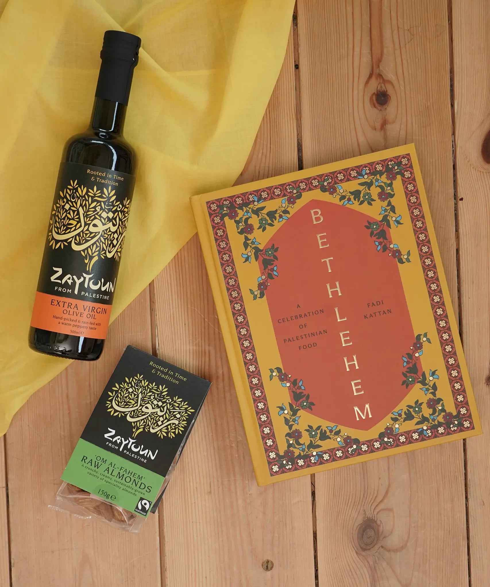 Zaytouon Fairtrade Almonds from Palestine with extra virgin olive oil and a Bethlehem cookbook by Fadi Kattan.