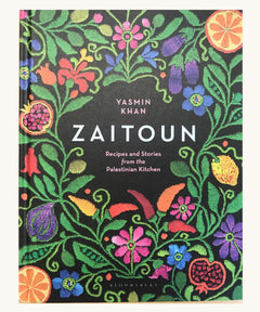 Book cover of 'Zaitoun' by Yasmin Khan with colorful floral and fruit design.