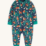 Frugi Zelah Zip Up All In One - Roarsome! A navy blue onsie, with a fun tiger, leaf and rainbow print