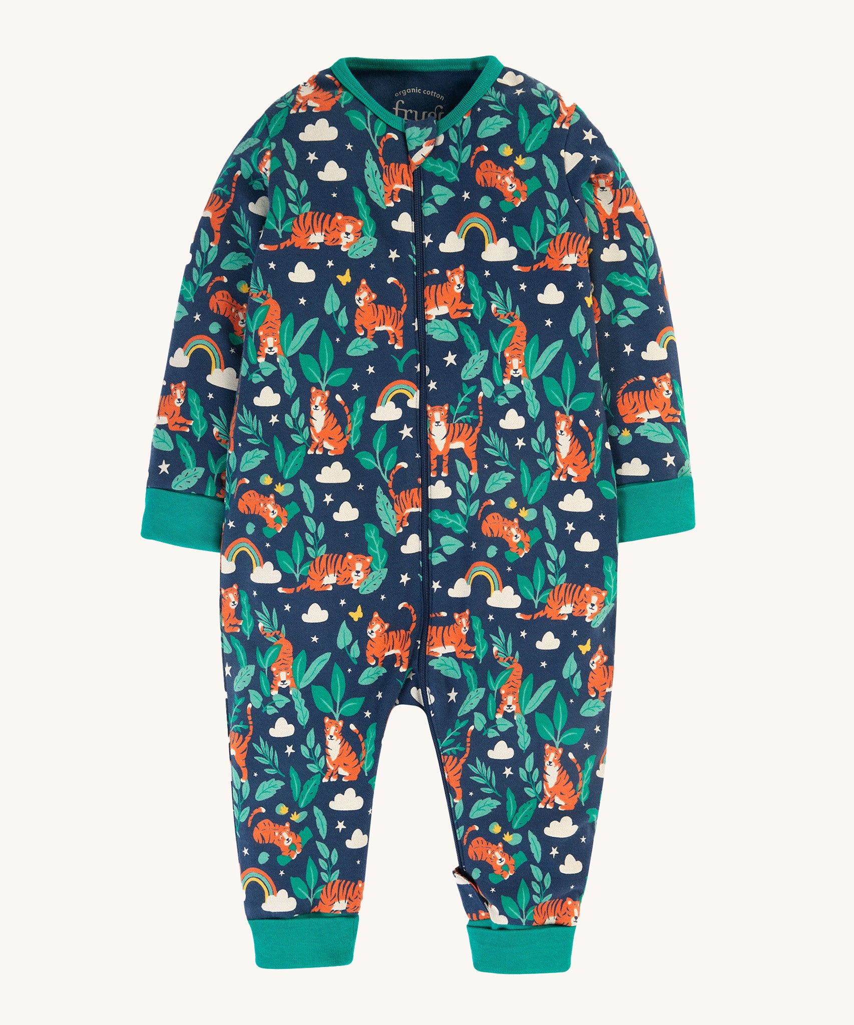 Frugi Zelah Zip Up All In One - Roarsome! A navy blue onsie, with a fun tiger, leaf and rainbow print