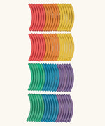 Set of 72 Abel curved wooden blocks in rainbow colors, including yellow, orange, red, purple, blue and green. 12 blocks in each colour. 