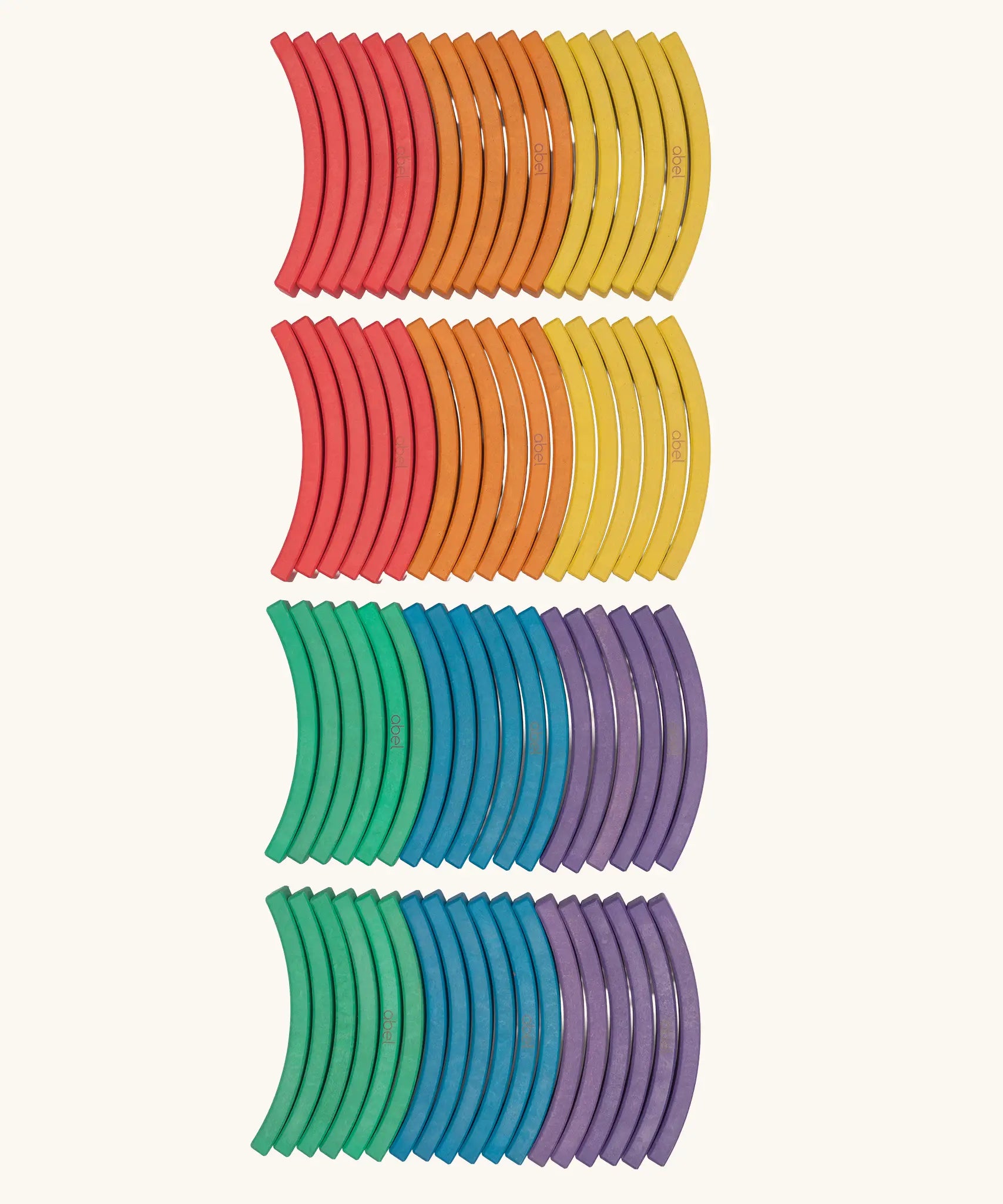 Set of 72 Abel curved wooden blocks in rainbow colors, including yellow, orange, red, purple, blue and green. 12 blocks in each colour. 