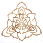 96 pieces of Abel Golden Ratio wooden toy blocks laid out in a flower mandala on a white background