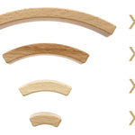 4 different sized pieces of Abel Golden Ratio toy curved toy blocks lined up on a white background with text showing that there is 6 of each piece in this set