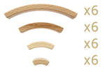 4 different sized pieces of Abel Golden Ratio toy curved toy blocks lined up on a white background with text showing that there is 6 of each piece in this set