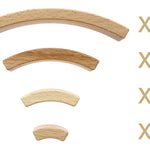 4 different sized pieces of Abel Golden Ratio toy curved toy blocks lined up on a white background with text showing that there is 12 of each piece in this 48 set