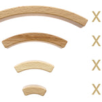 4 different sized pieces of Abel Golden Ratio toy curved toy blocks lined up on a white background with text showing that there is 24 of each piece in this set