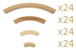 4 different sized pieces of Abel Golden Ratio toy curved toy blocks lined up on a white background with text showing that there is 24 of each piece in this set