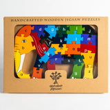 Alphabet Jigsaw sustainable rainbow Elephant Alphabet jigsaw puzzle toy in its recyclable cardboard box on a white background