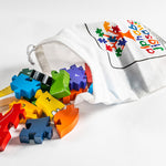 Alphabet Jigsaw Elephant Alphabet wooden jigsaw pieces pouring out of a white drawstring bag on a white background