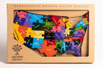 Alphabet Jigsaw Map of USA handmade wooden jigsaw puzzle in its recyclable cardboard box on a white background