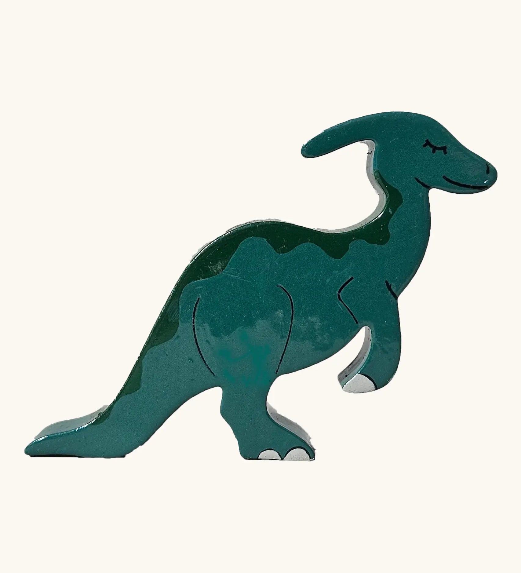 Parasaurolophus wooden magnetic dinosaur figure by Alphabet Jigsaws, with hand painted non-toxic green body.