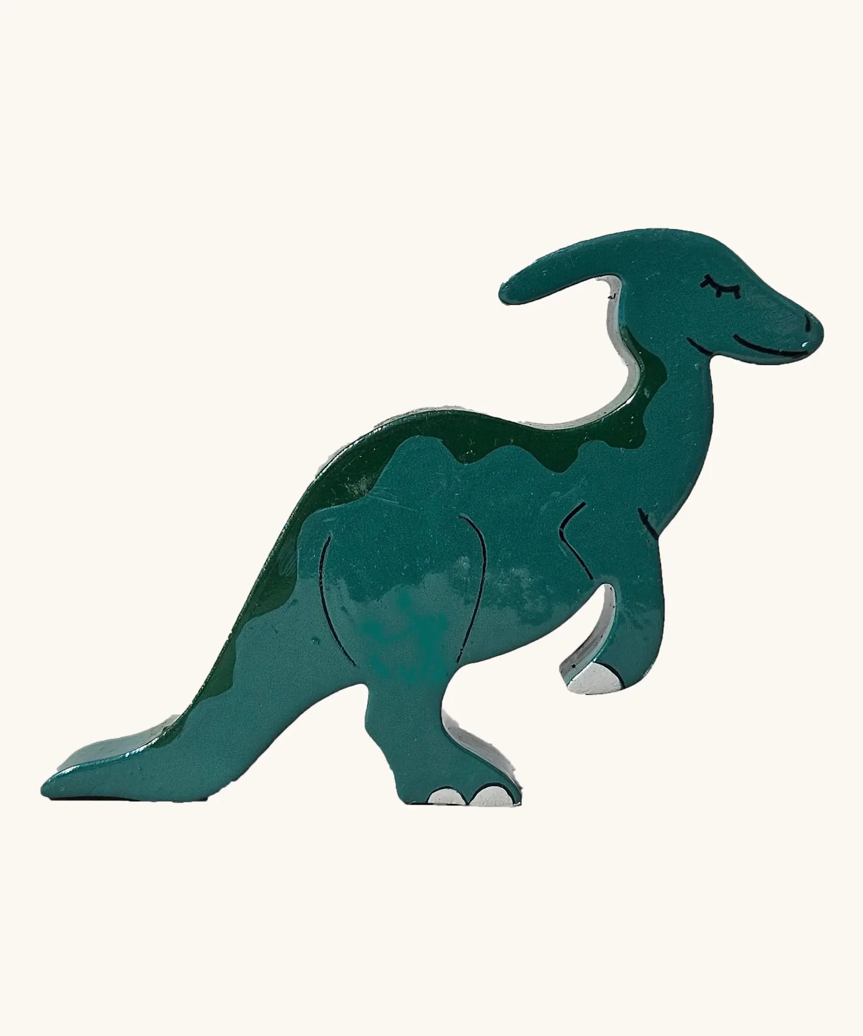 Parasaurolophus wooden magnetic dinosaur figure by Alphabet Jigsaws, with hand painted non-toxic green body.