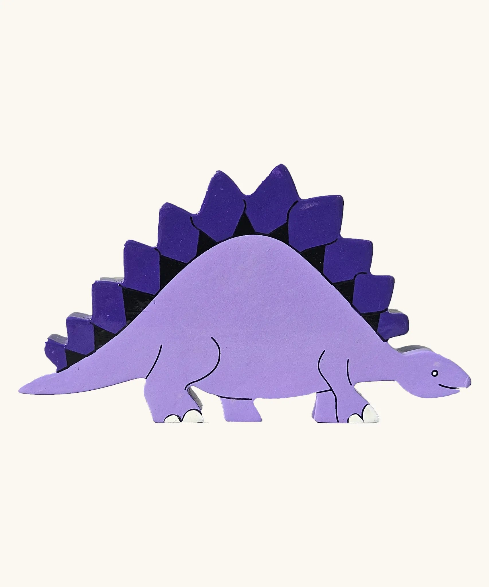Stegosaurus wooden magnetic dinosaur figure by Alphabet Jigsaws, with hand painted non-toxic purple body.