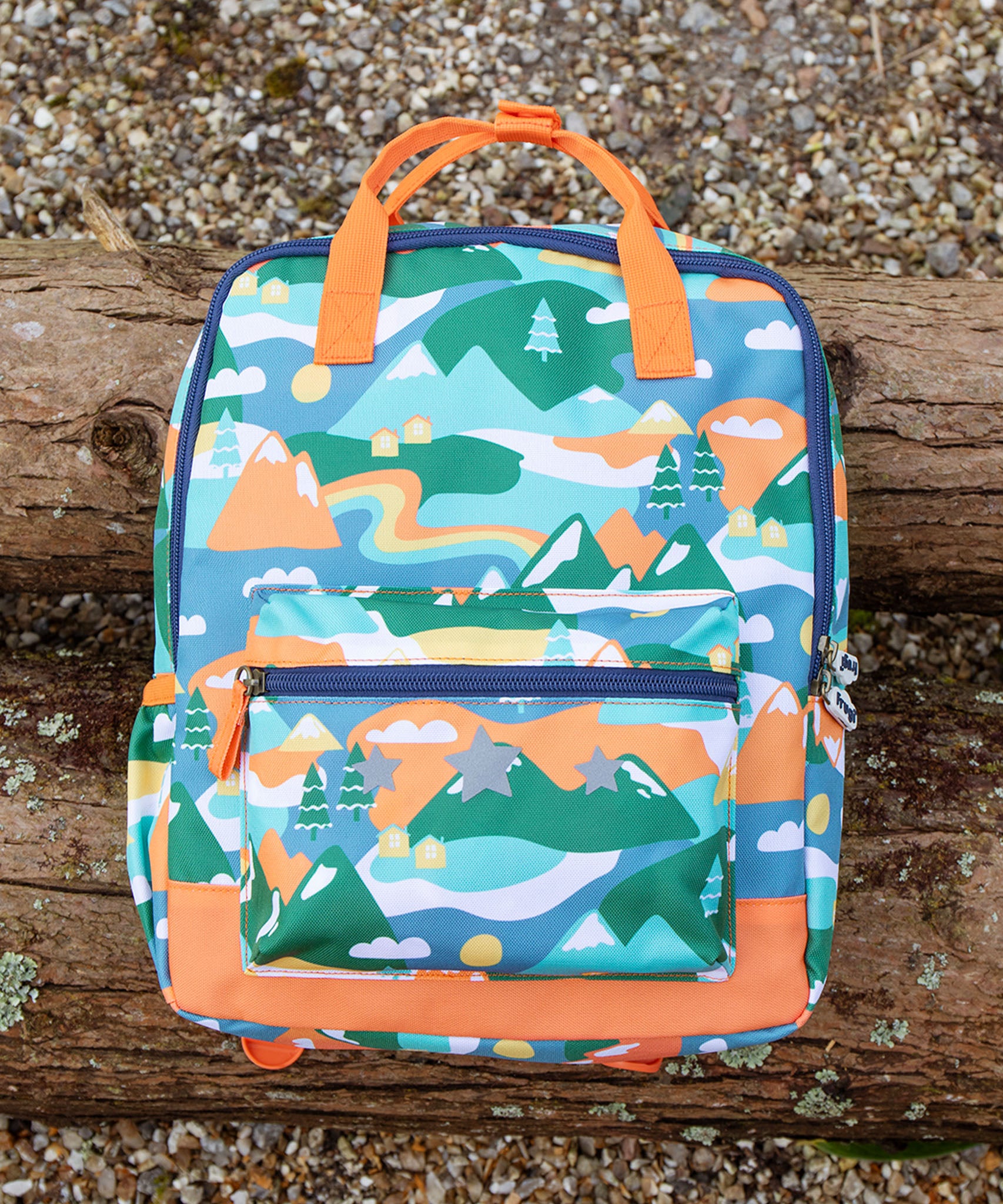 A closer look at the name label on the Frugi Children's Explorers Backpack - Alpine Adventures