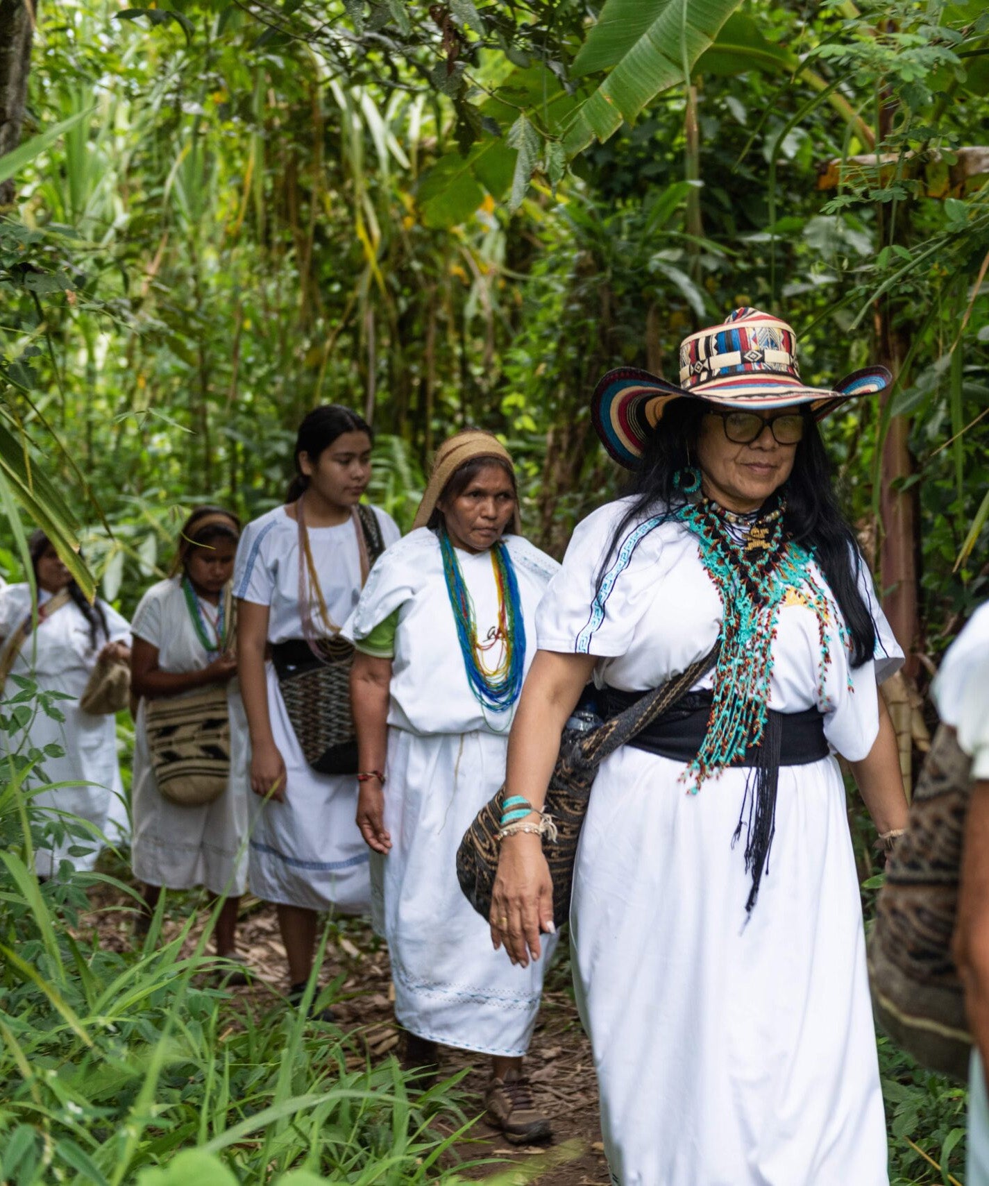 The female coffee farmers of ANEI walking through the farm in traditional indigenous clothing.