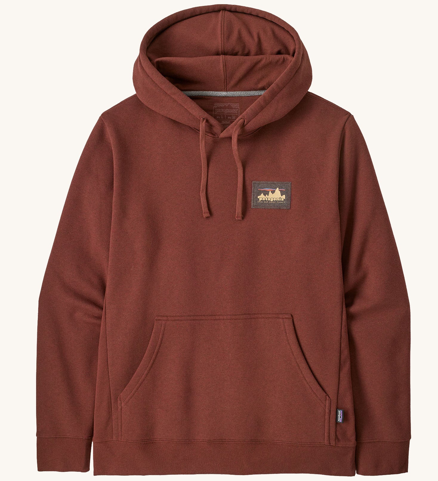 Patagonia Fitz Roy uprisal adult hoody. A burnt red coloured hoodie which features a adjustable drawstring on the hood and a pouch pocket on the front. Also features a brand patch l on the left chest