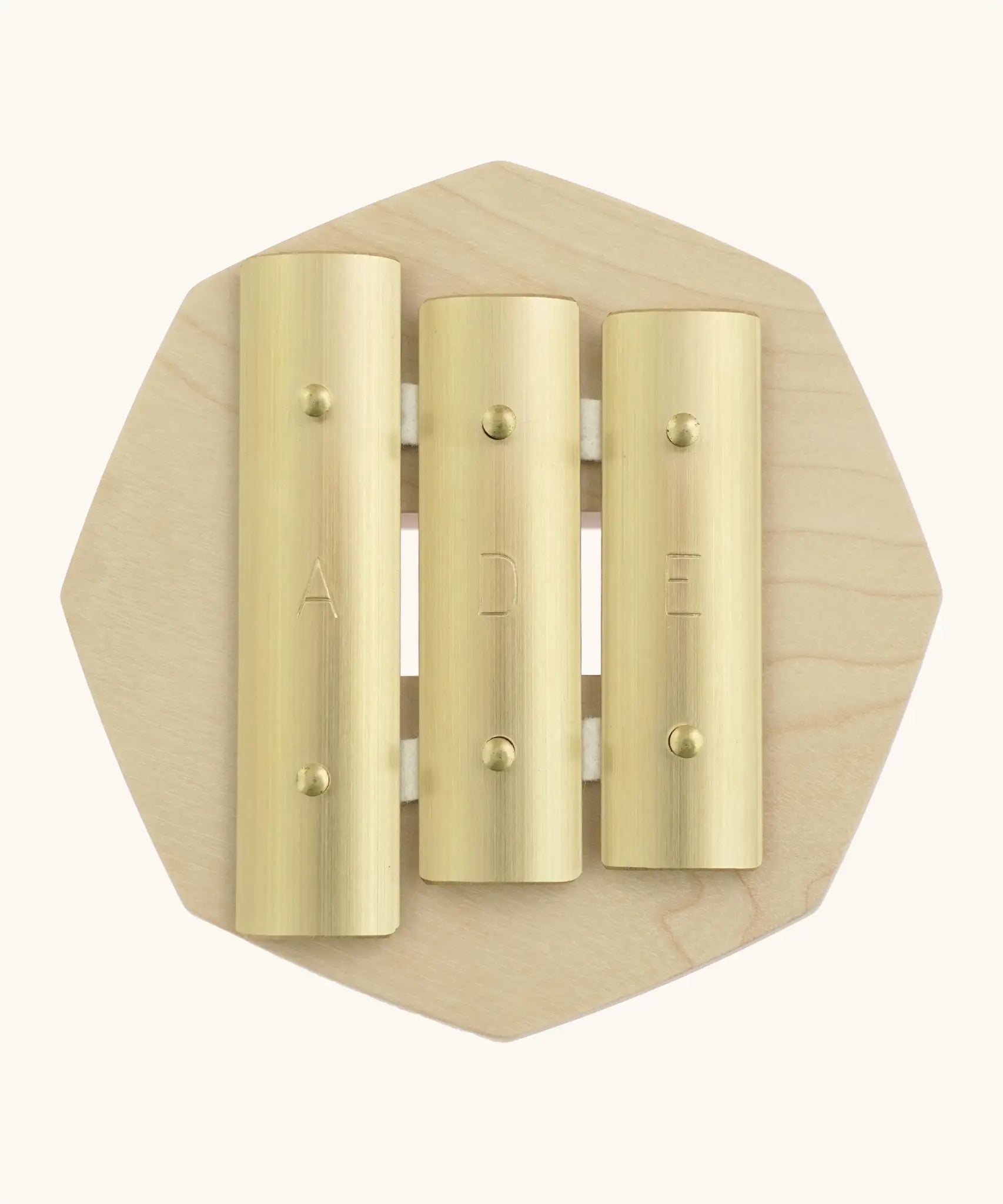 Brass keys with A, D, E notes on the Auris 3 tone glockenspiel 