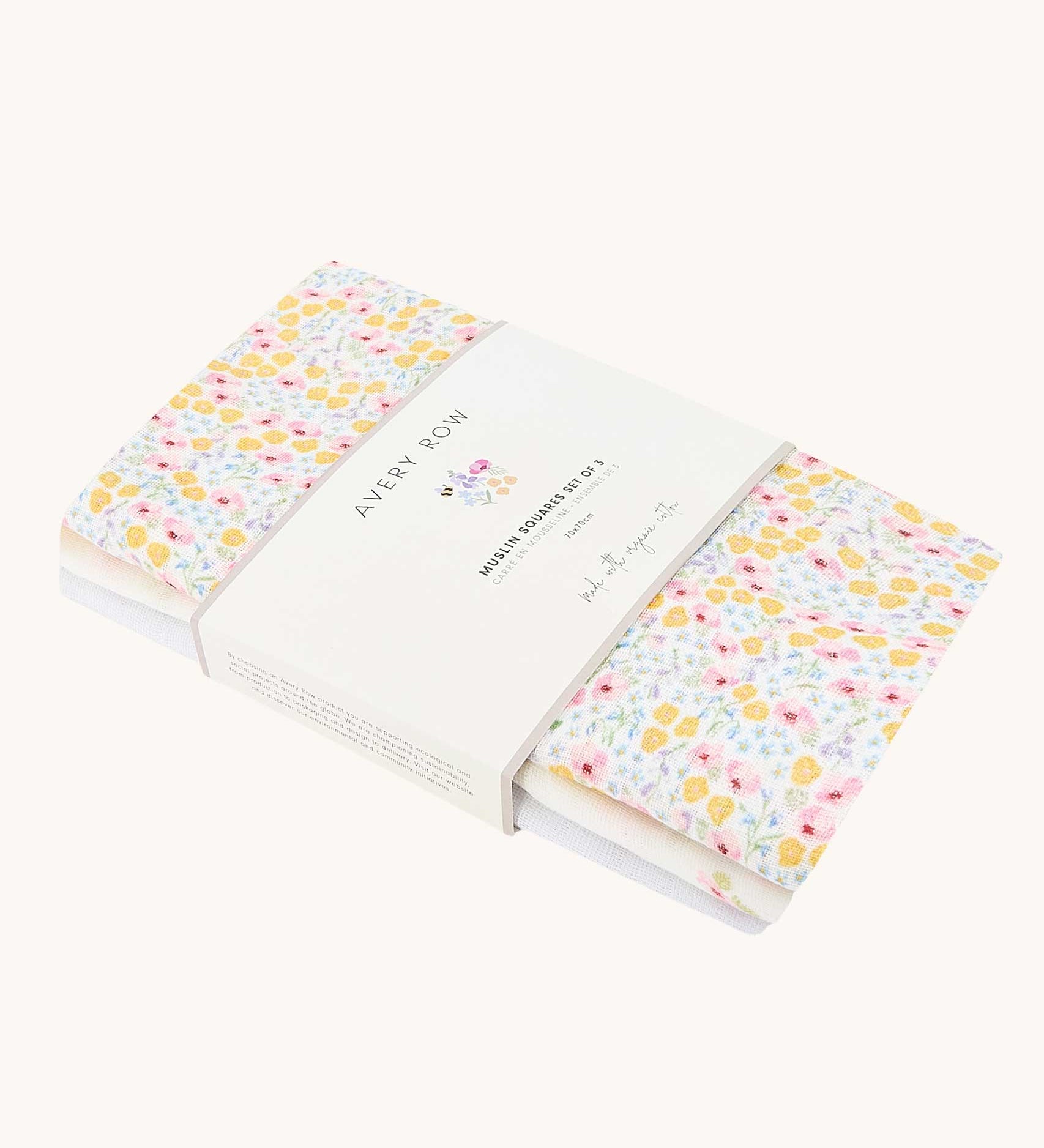Avery Row Wildflower Baby Muslin Squares in a Set of 3. One cloth is plain white, one has delicate pink flowers and one has an all over floral wildflower design. Avery Row have a collection of stylish nursery and baby essentials available at Babipur.ipur.