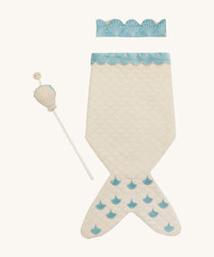 A light Avery row mermaid dress up set with a light blue trim including a light blue crown and a light shell wand on a cream background.