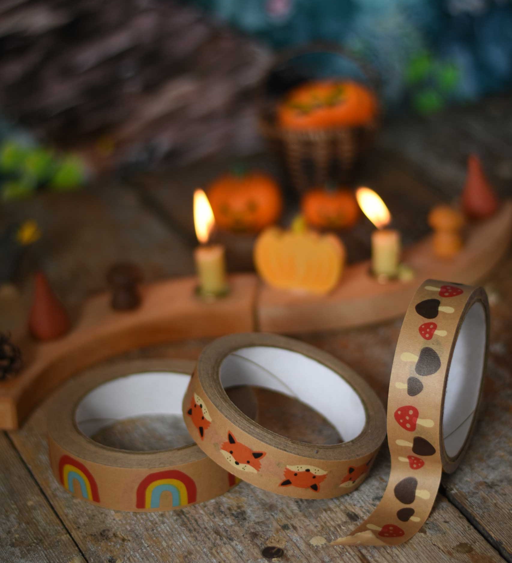 Three Babipur design paper tapes on a kraft paper. One features a rainbow design, one features a fox design and the third features a mushrooms design. 