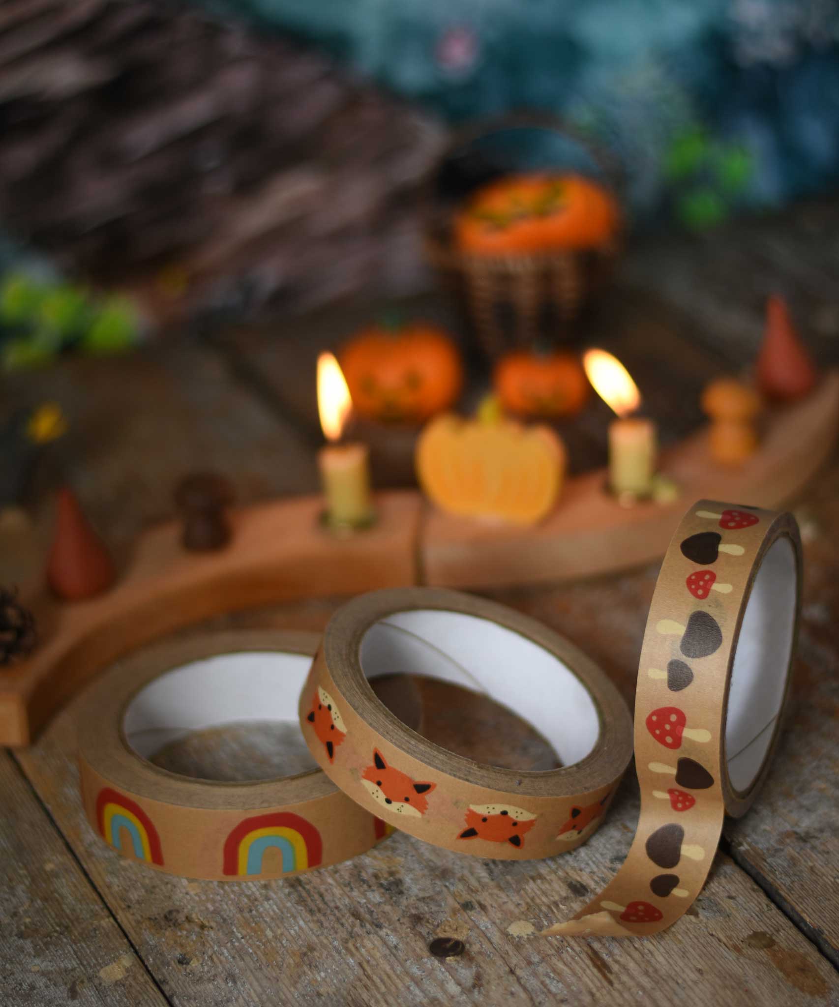 Three Babipur design paper tapes on a kraft paper. One features a rainbow design, one features a fox design and the third features a mushrooms design. 
