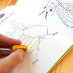 Close up of hand colouring in a bee in the Babipur B is for Buzz story and activities book