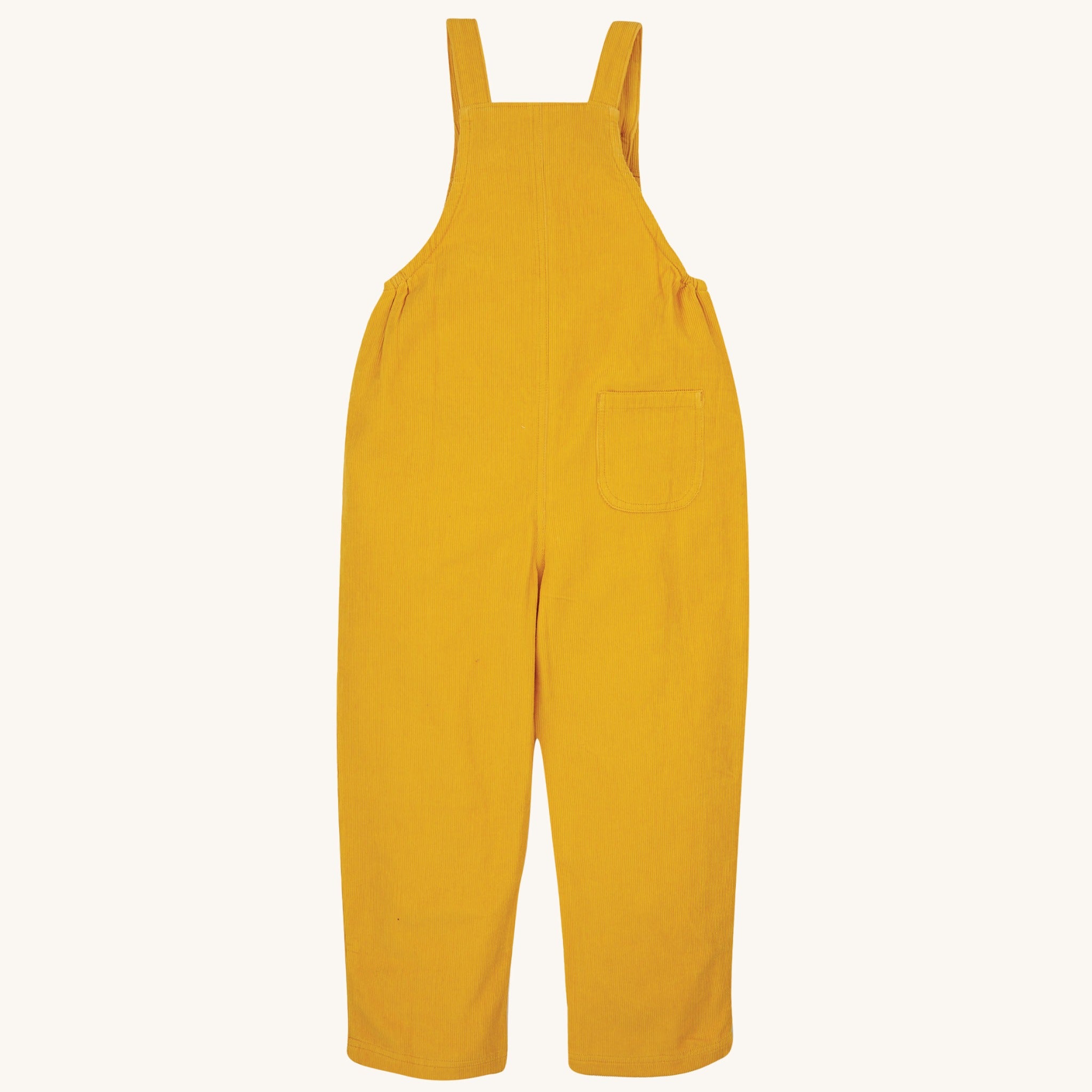 The back of the Kids Organic Cotton Cord Dungarees in Yellow back pocket by Babipur x Frugi