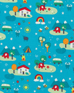 A close up of the Frugi x Babipur organic cotton bryher top pattern in the exclusive tobermory camp out colour with colourful suns