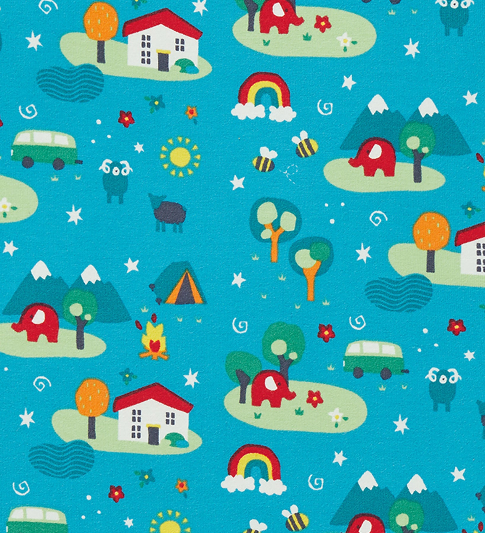 A close up of the pattern on the Frugi X Babipur Tobermory Camp Out Libby Printed children's leggings with colourful suns