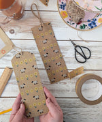 Babipur sheep and daisies and daffodils print kraft eco paper tapes used to create a DIY bookmarks with jute twine.