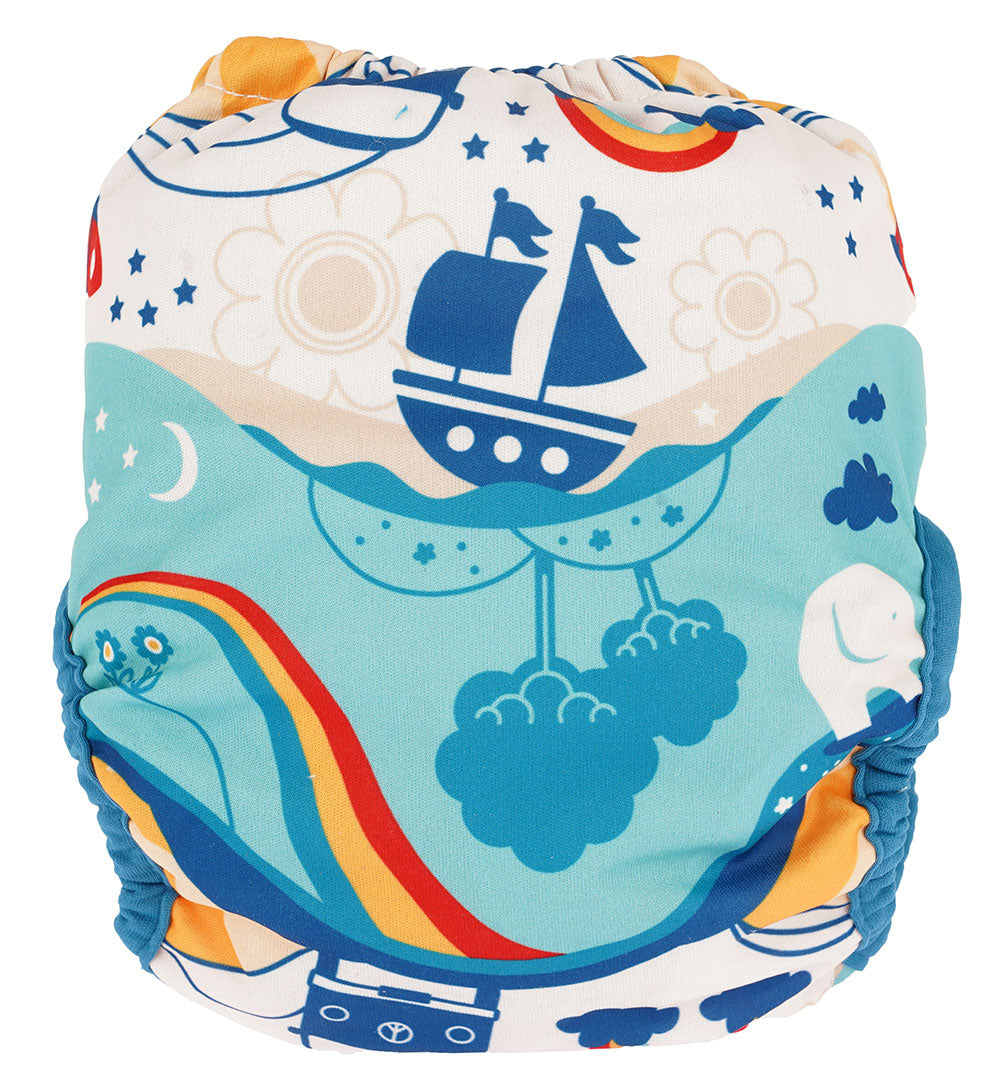 The back of The Close Pop-In x Babipur exclusive reusable nappy wrap, in a Babipur World print