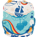 The back of The Close Pop-In x Babipur exclusive reusable nappy wrap, in a Babipur World print