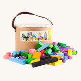 Bajo 102 Blocks. A tub of 102 wooden toy building blocks. These heirloom quality toys by Bajo are part of a wide range of wooden toys available here at Babipur. 