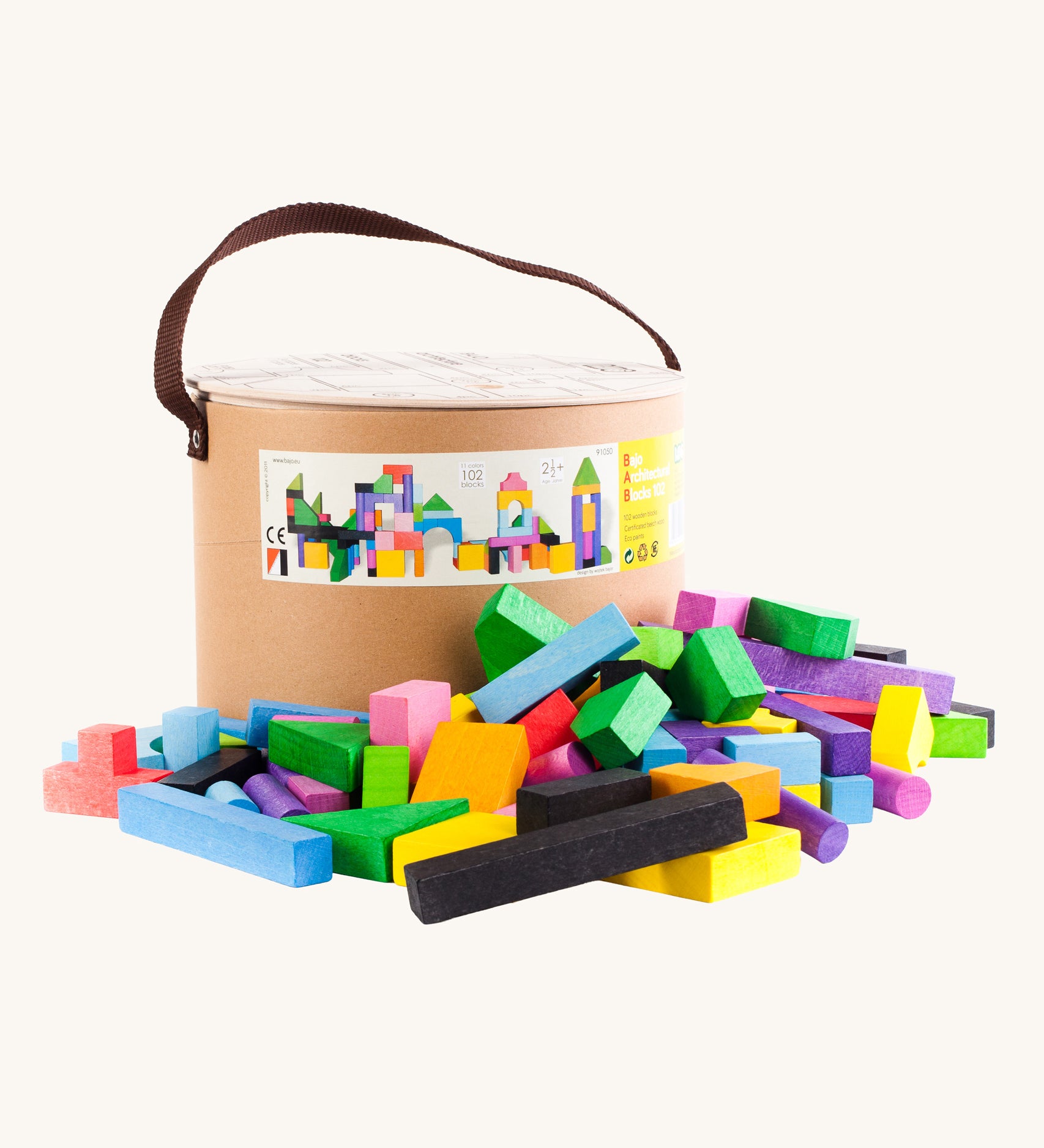 Bajo 102 Blocks. A tub of 102 wooden toy building blocks. These heirloom quality toys by Bajo are part of a wide range of wooden toys available here at Babipur. 