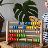 Child playing with the Bajo 50 bead wide abacus in the Babipur playroom.