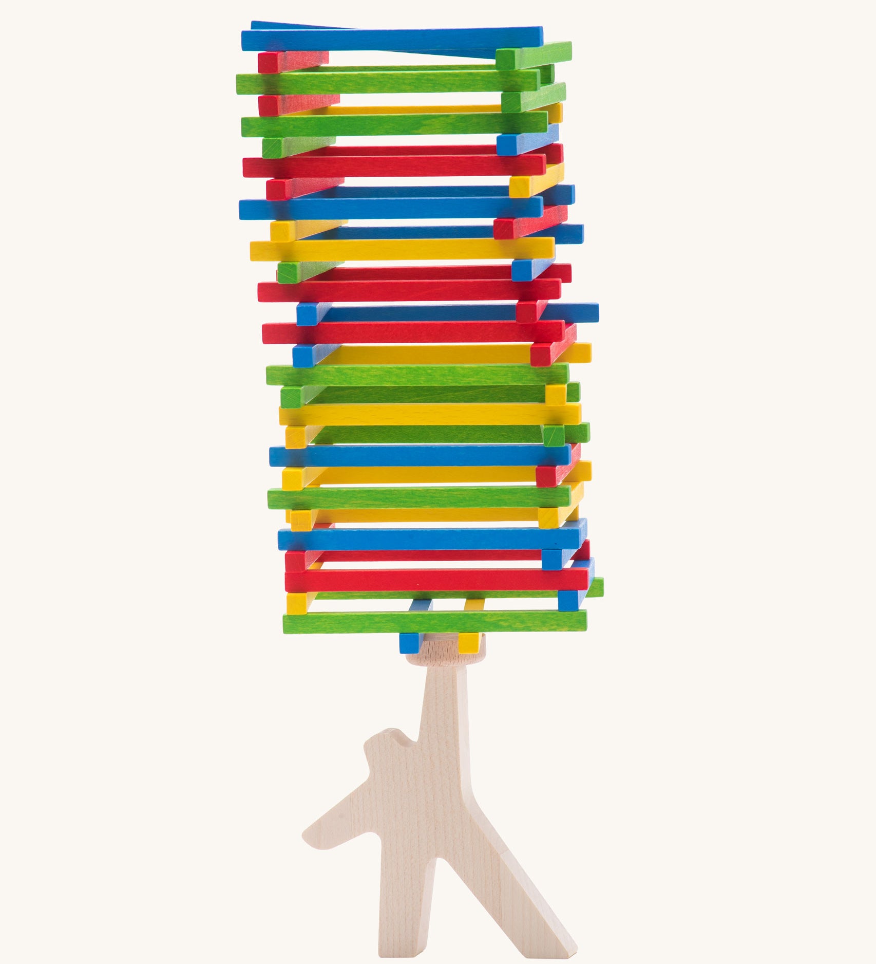 Bajo Athlete wooden stacking and balance game. A wooden toy figure used as a base to stack colourful slim wooden batons.