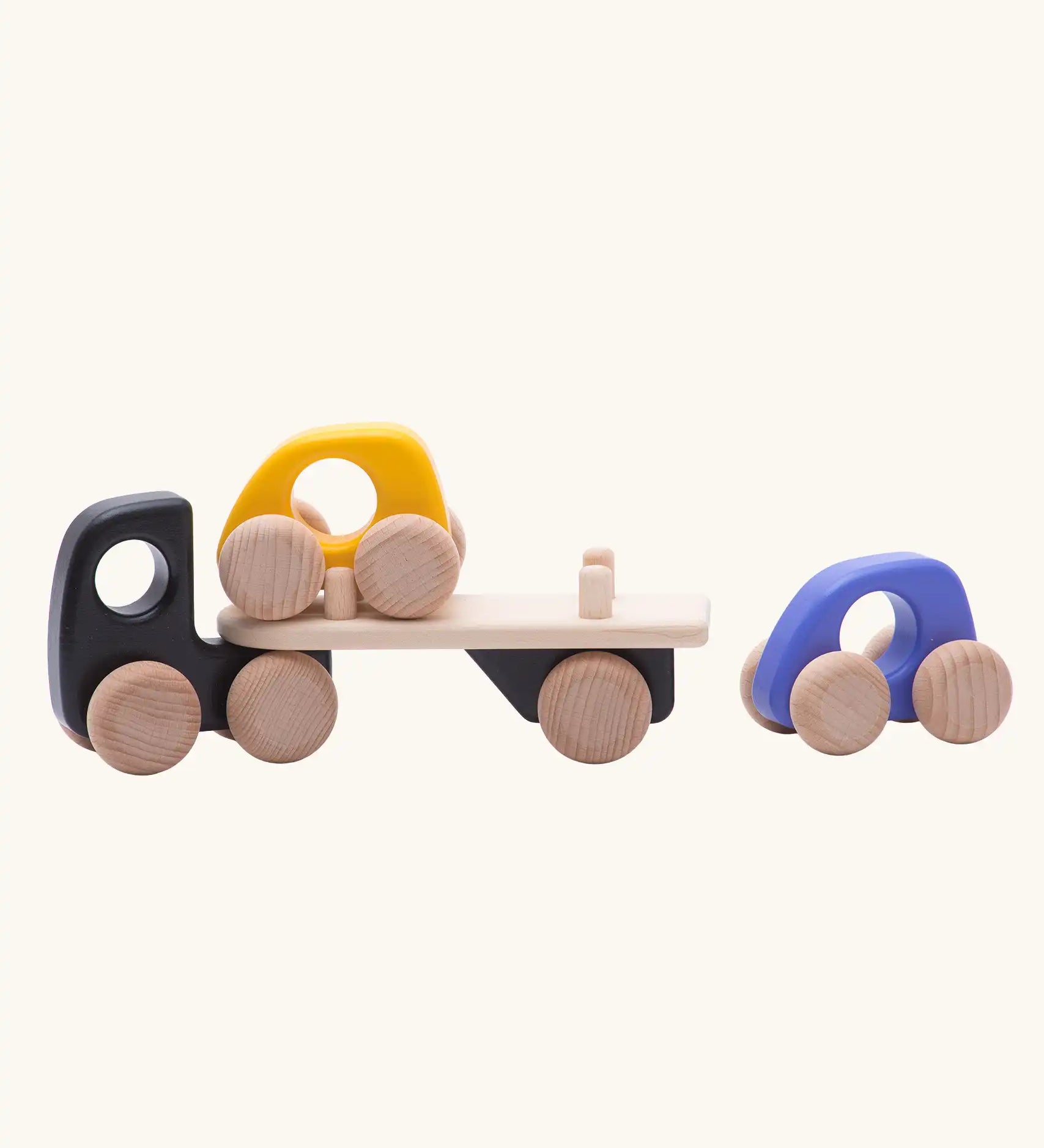 Bajo black auto car transporter vehicle with two cars. Yellow car is placed on the trailer, purple car placed behind the transporter.