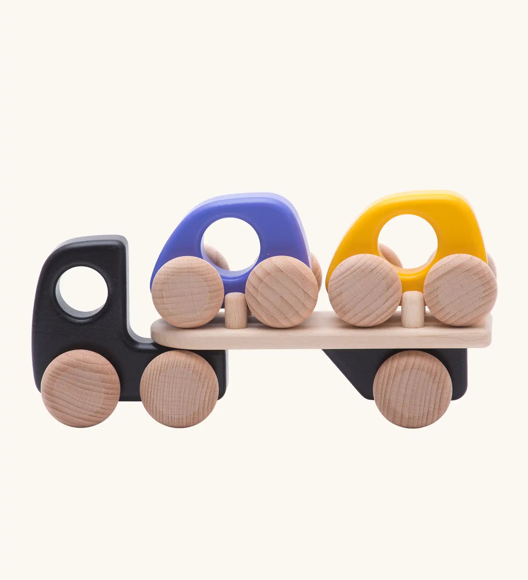 Bajo black auto car transporter vehicle with two cars, purple and yellow. 