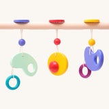 Bajo Wooden Baby Gym with three wooden hanging toys. These heirloom quality toys by Bajo are part of a wide range of wooden toys available here at Babipur. 