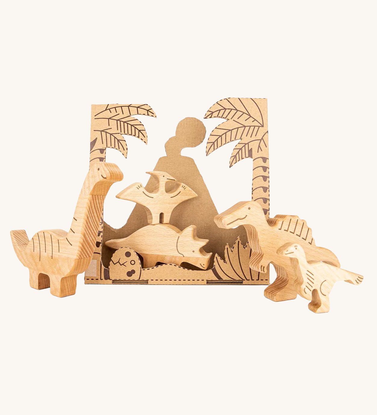 Bajo wooden toy dinosaur figures in a set of 10 including Spinosaurus, Diplodocus, Parasaurolophus, Stegosaurus, T-Rex, Ankylosaurus, Dilophosaurus, Pteranodon, Triceratops, and Velociraptor.