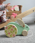 The mint Bajo big rabbit placed on the floor in front of a Triclimb Miri slide. A child can be seen in the background placing a pink coloured small push along rabbit on the Miri slide. These heirloom quality toys by Bajo are part of a wide range of wooden toys available here at Babipur.