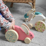 A child pushing the pink coloured Bajo big rabbit. The blue and white rabbits can be seen in teh background. These heirloom quality toys by Bajo are part of a wide range of wooden toys available here at Babipur.