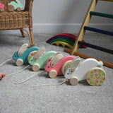 Four Bajo wooden big pull along rabbit toys lined up and placed on the floor in front of a Triclimb. These heirloom quality toys by Bajo are part of a wide range of wooden toys available here at Babipur.