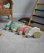 Four Bajo wooden big pull along rabbit toys lined up and placed on the floor in front of a Triclimb. These heirloom quality toys by Bajo are part of a wide range of wooden toys available here at Babipur.