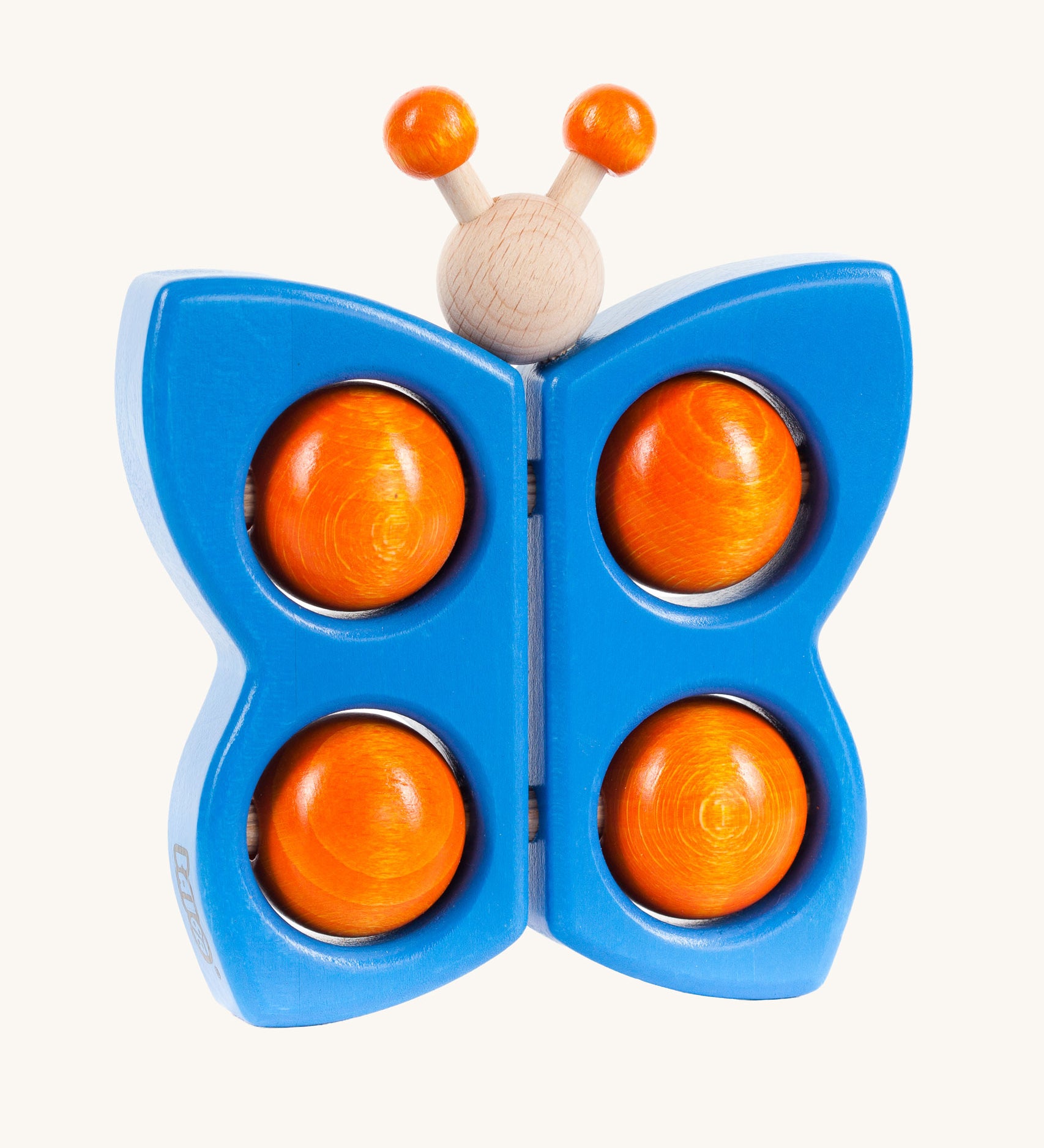 Bajo Blue Butterfly Teether wooden toy. A blue coloured butterfly with orange balls. These heirloom quality toys by Bajo are part of a wide range of wooden toys available here at Babipur. 
