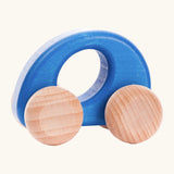 Bajo handmade wooden ellipse car in blue with a oval cut out in the center for grip and unpainted wheels