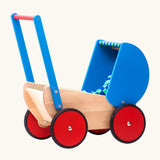 Bajo wooden dolls pram and walker with blue hood and handle.