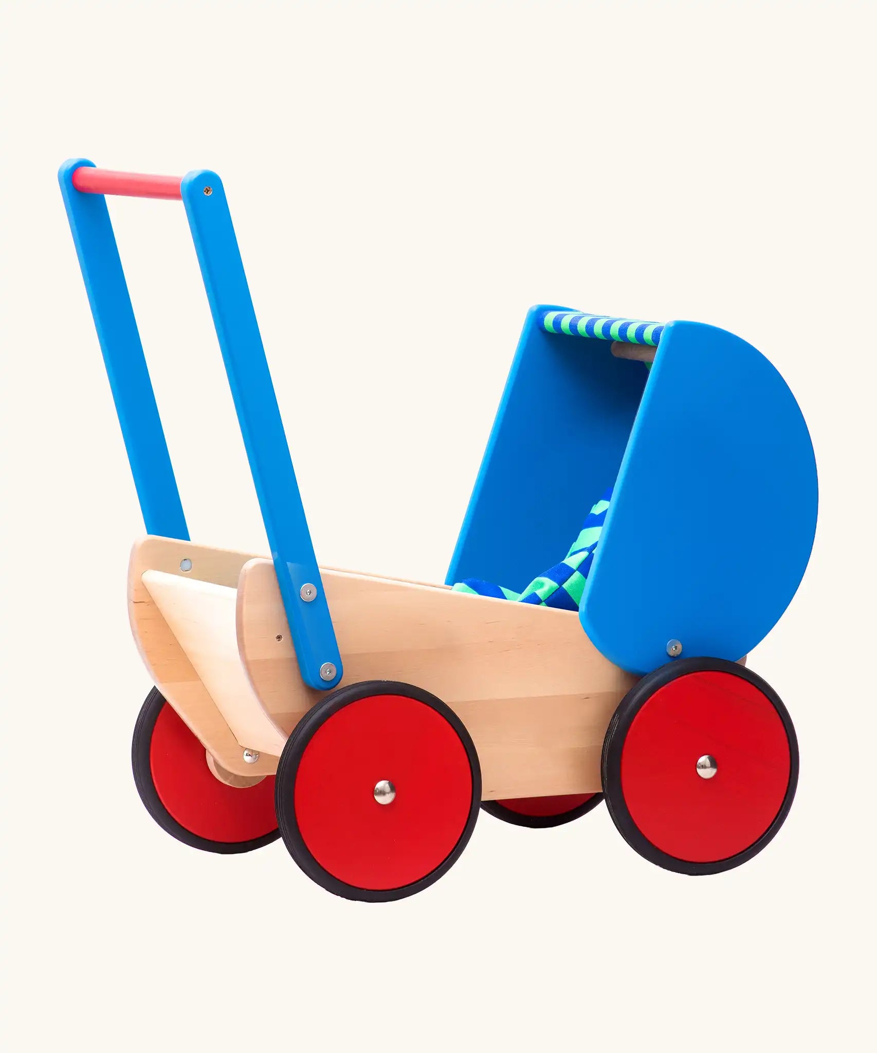 Bajo wooden dolls pram and walker with blue hood and handle.